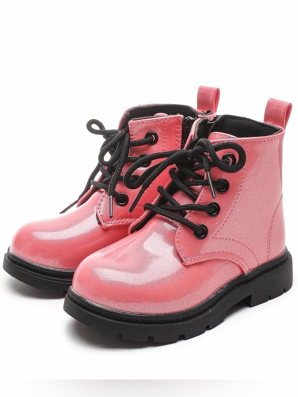 Girls Shiny Pink Lace-Up Ankle Boots with Side Zipper